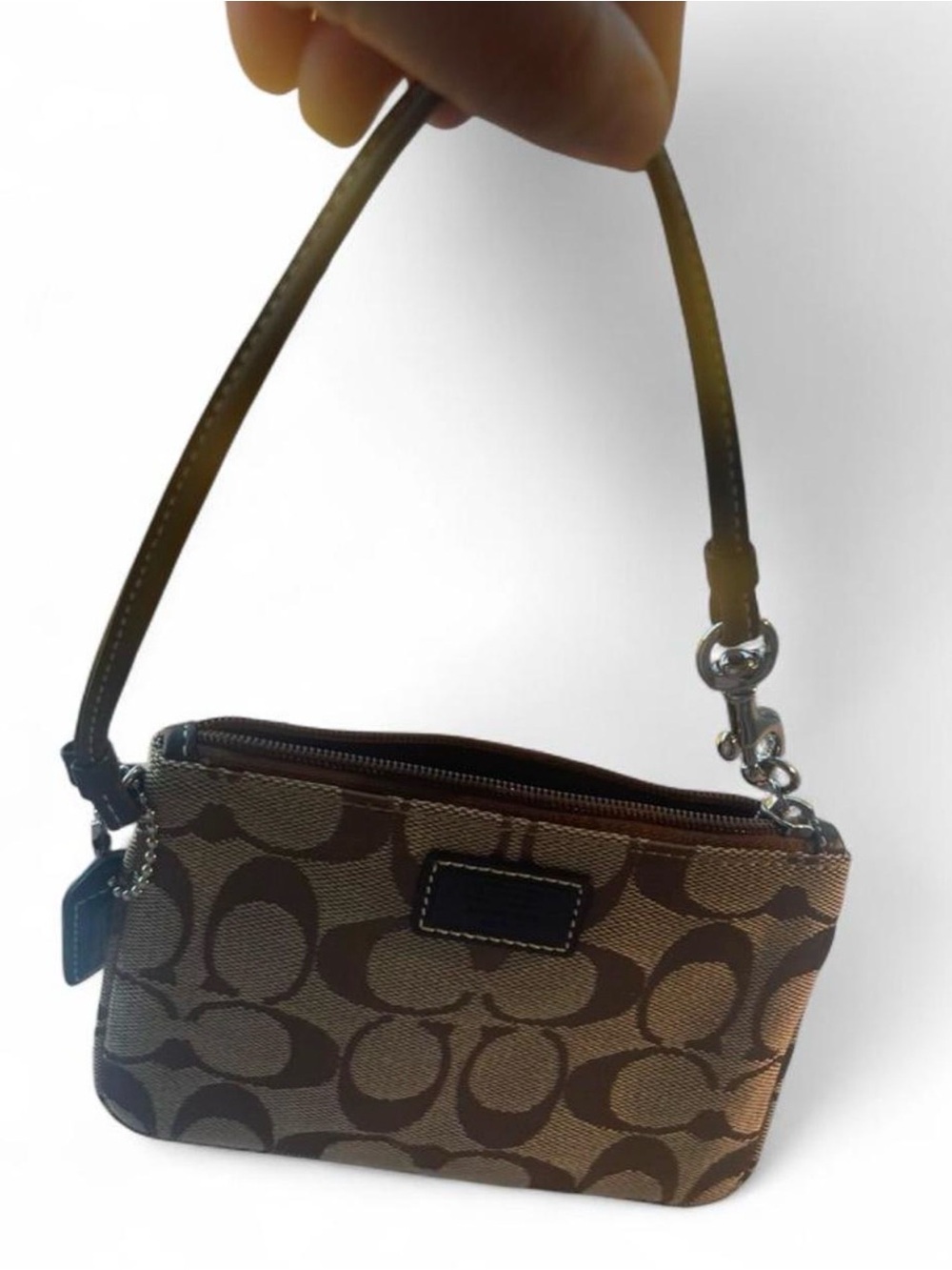 Coach Signature C Jacquard Khaki Brown *LEATHER* Zip Top Wristlet Pouch